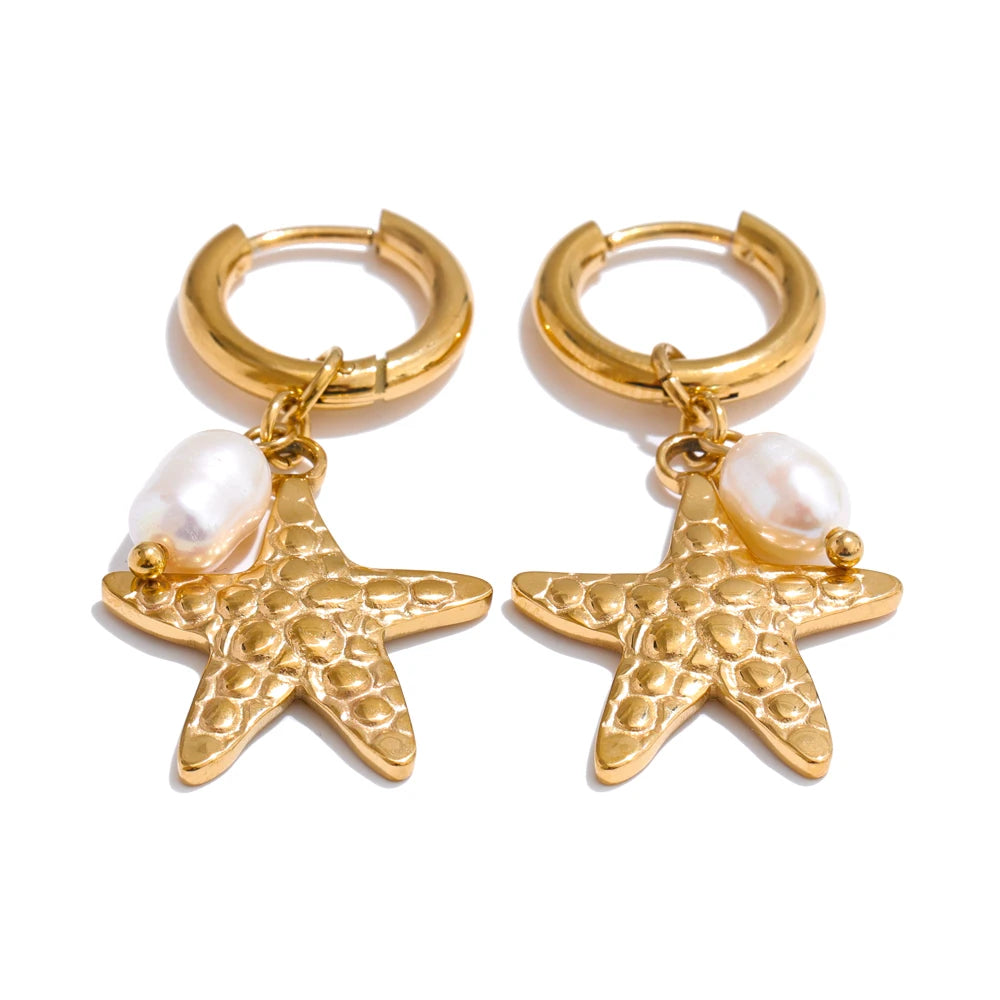 Yhpup Ocean Style Natural Pearl Conch Shell Starfish Drop Summer Hoop Earrings for Women Stainless Steel Holiday Daily Jewelry