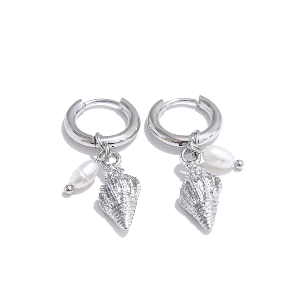 Yhpup Ocean Style Natural Pearl Conch Shell Starfish Drop Summer Hoop Earrings for Women Stainless Steel Holiday Daily Jewelry